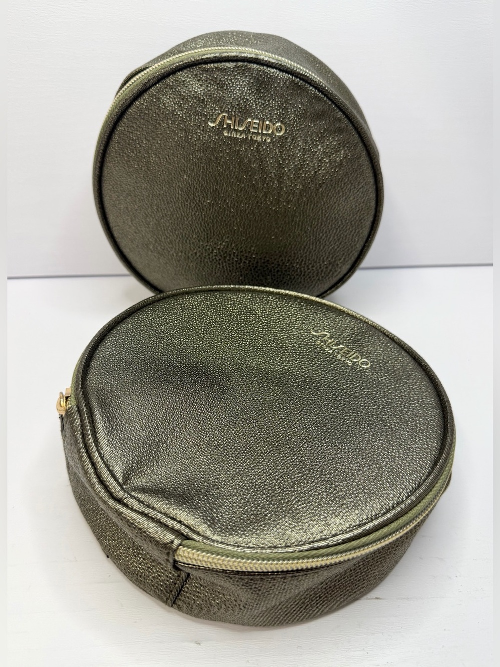 Shiseido Ginza Tokyo Round Metallic Gold Makeup Bag Cosmetic Case Set Of 2